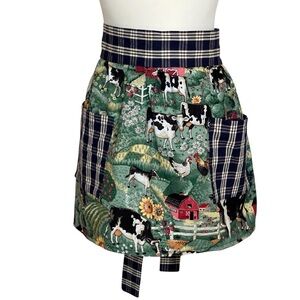 Farm print apron featuring cows, chickens, flowers and barn
